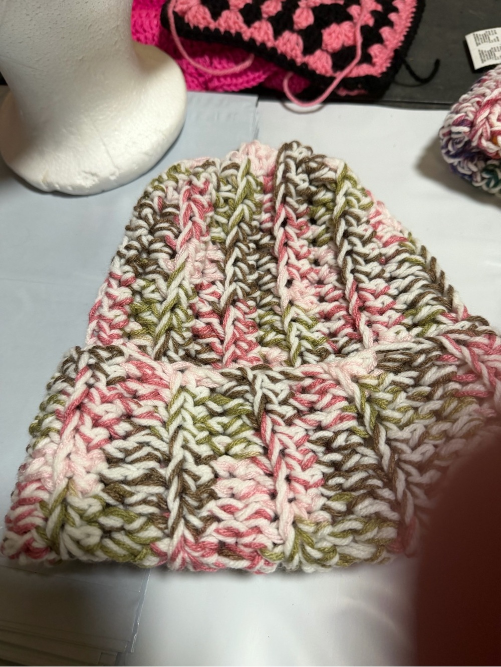 New Ladies Multicolor crochet Beanie - Pink, White, Olive